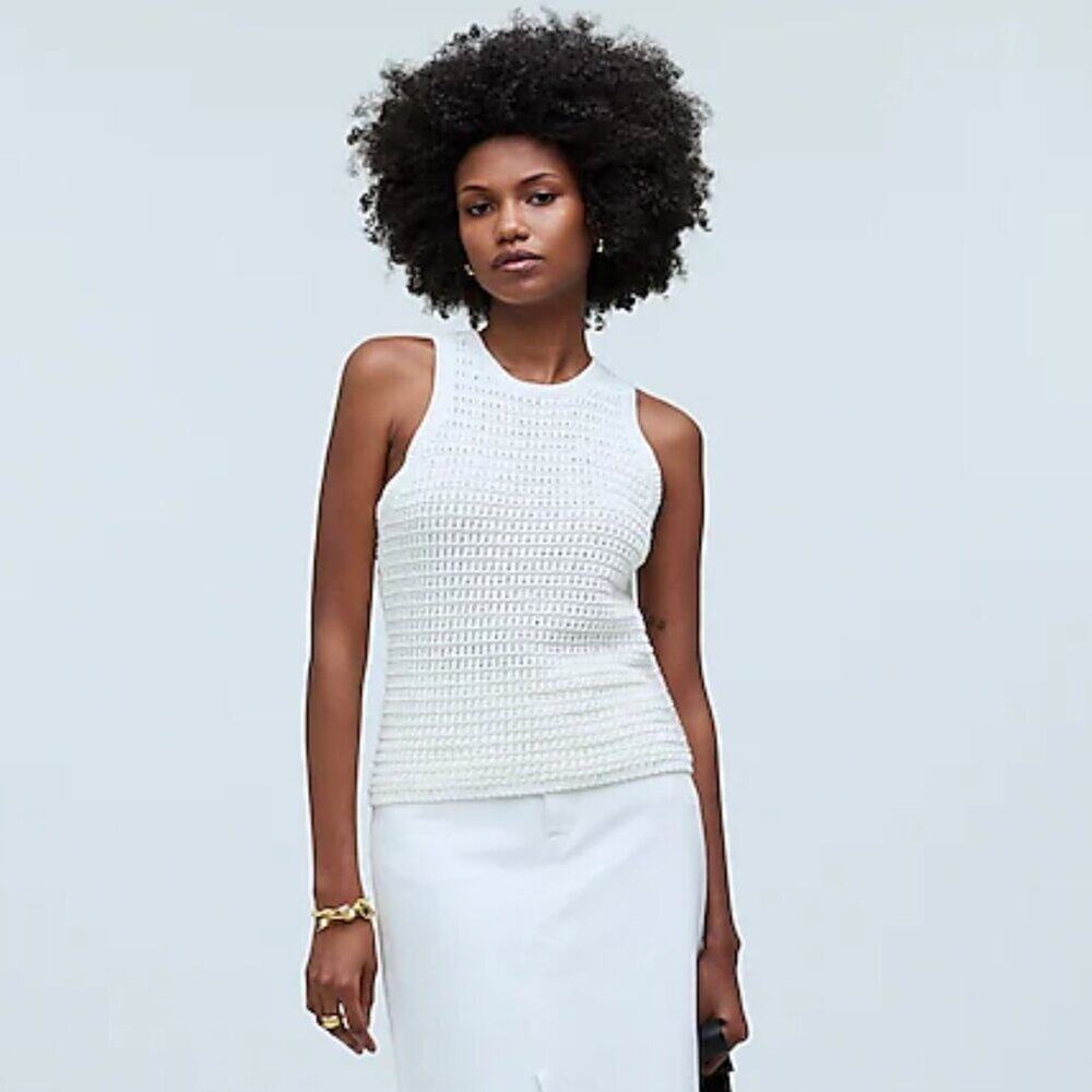 Madewell Crochet-Knit Crewneck Sweater Tank in Bright Ivory Size M NWT‎